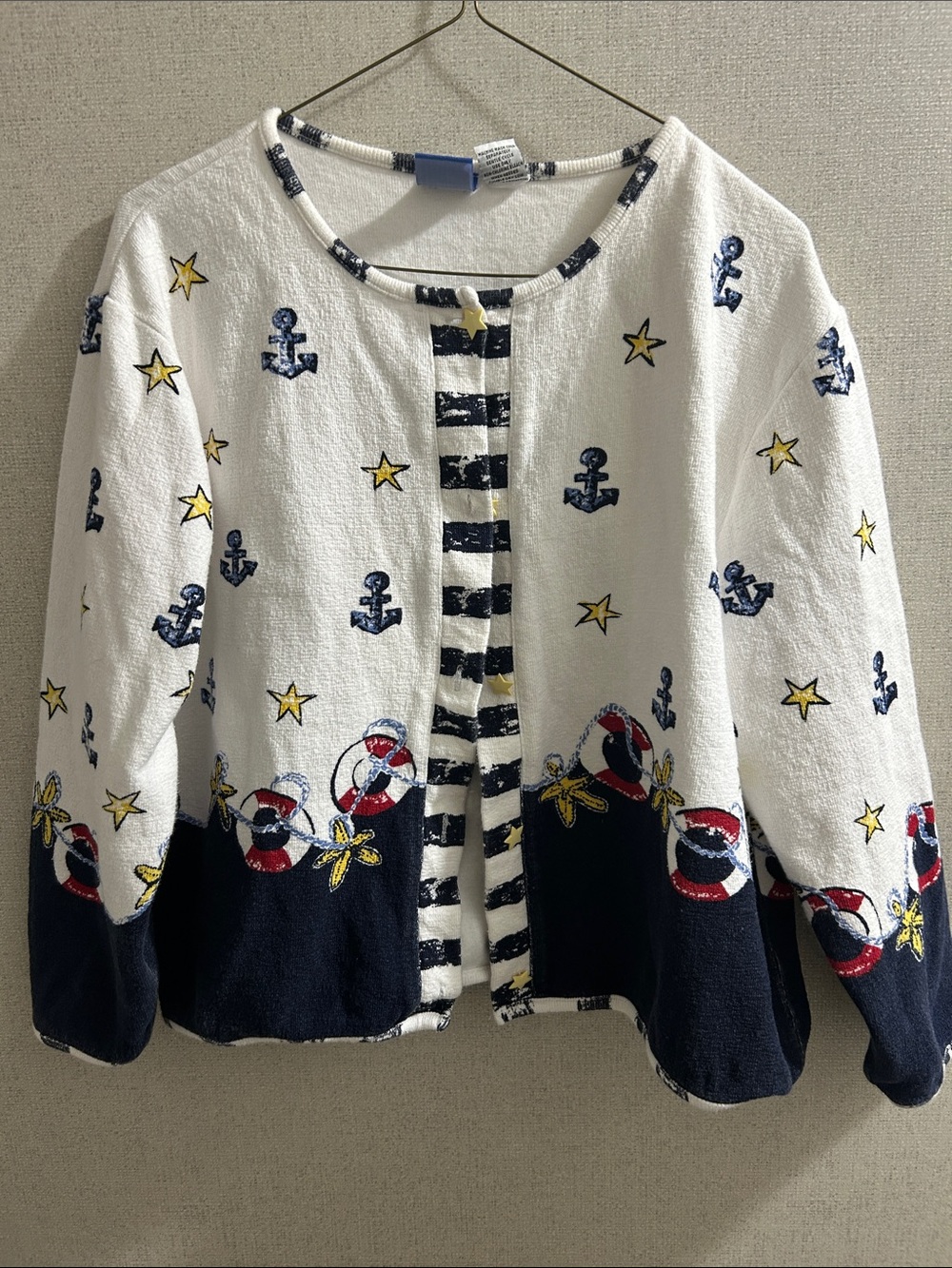 Onque Casuals White Navy Nautical Anchor & Lifesaver Cardigan